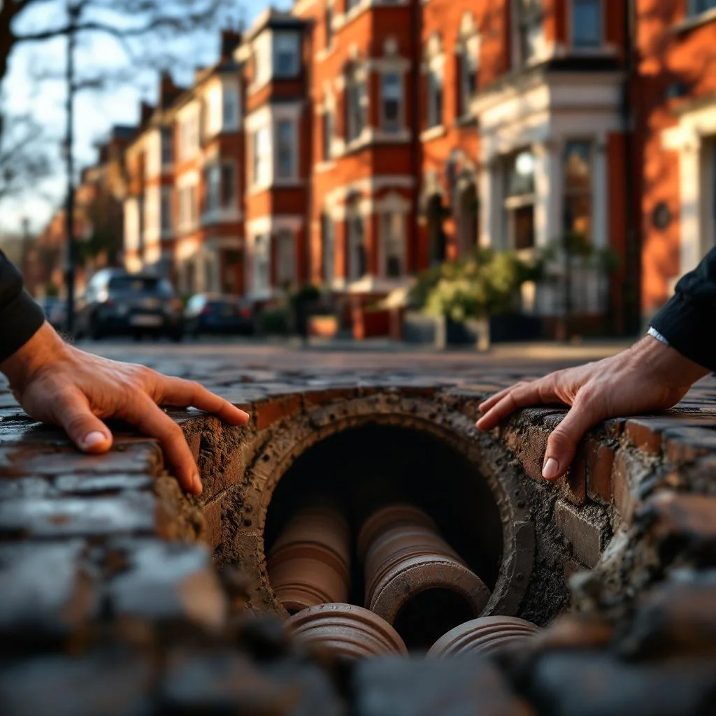 Victorian London terraced street with open inspection chamber revealing old clay drainage pipes