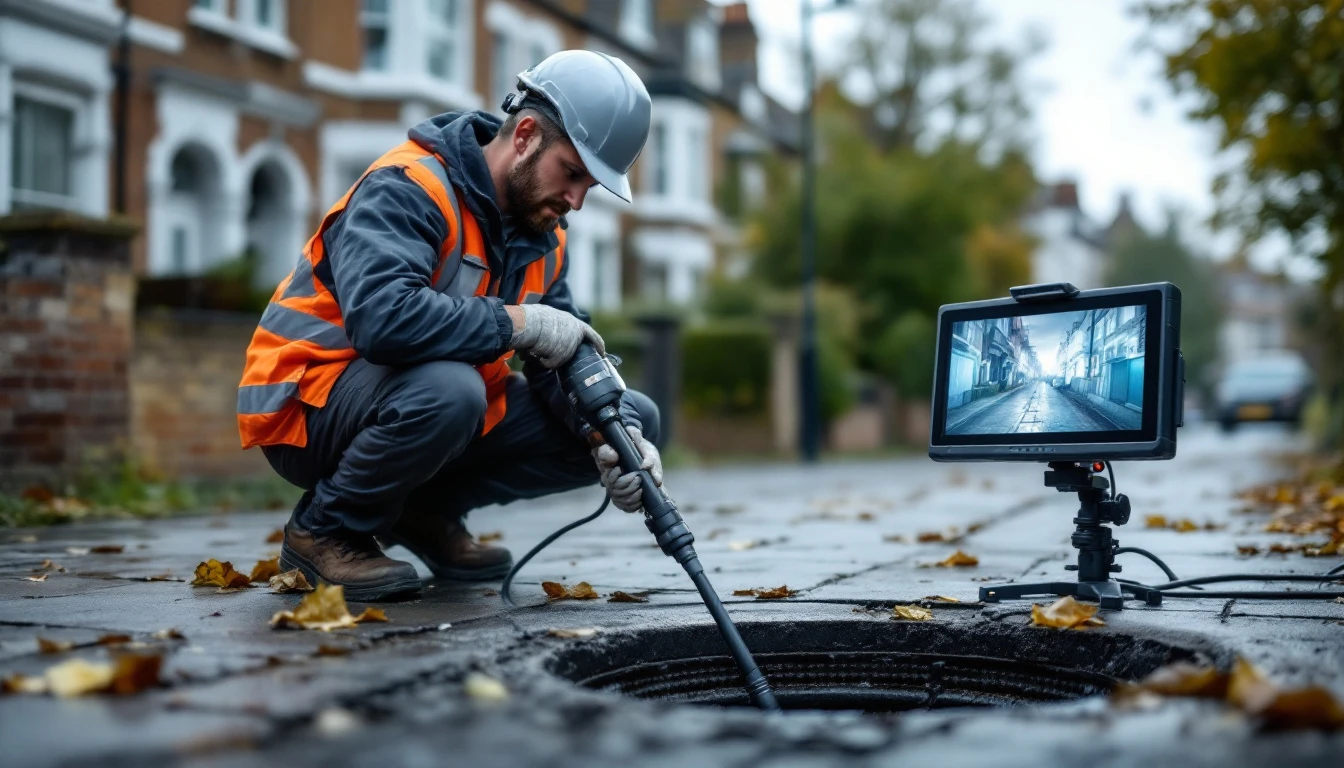 Drainage engineer operating CCTV survey equipment on a London residential street