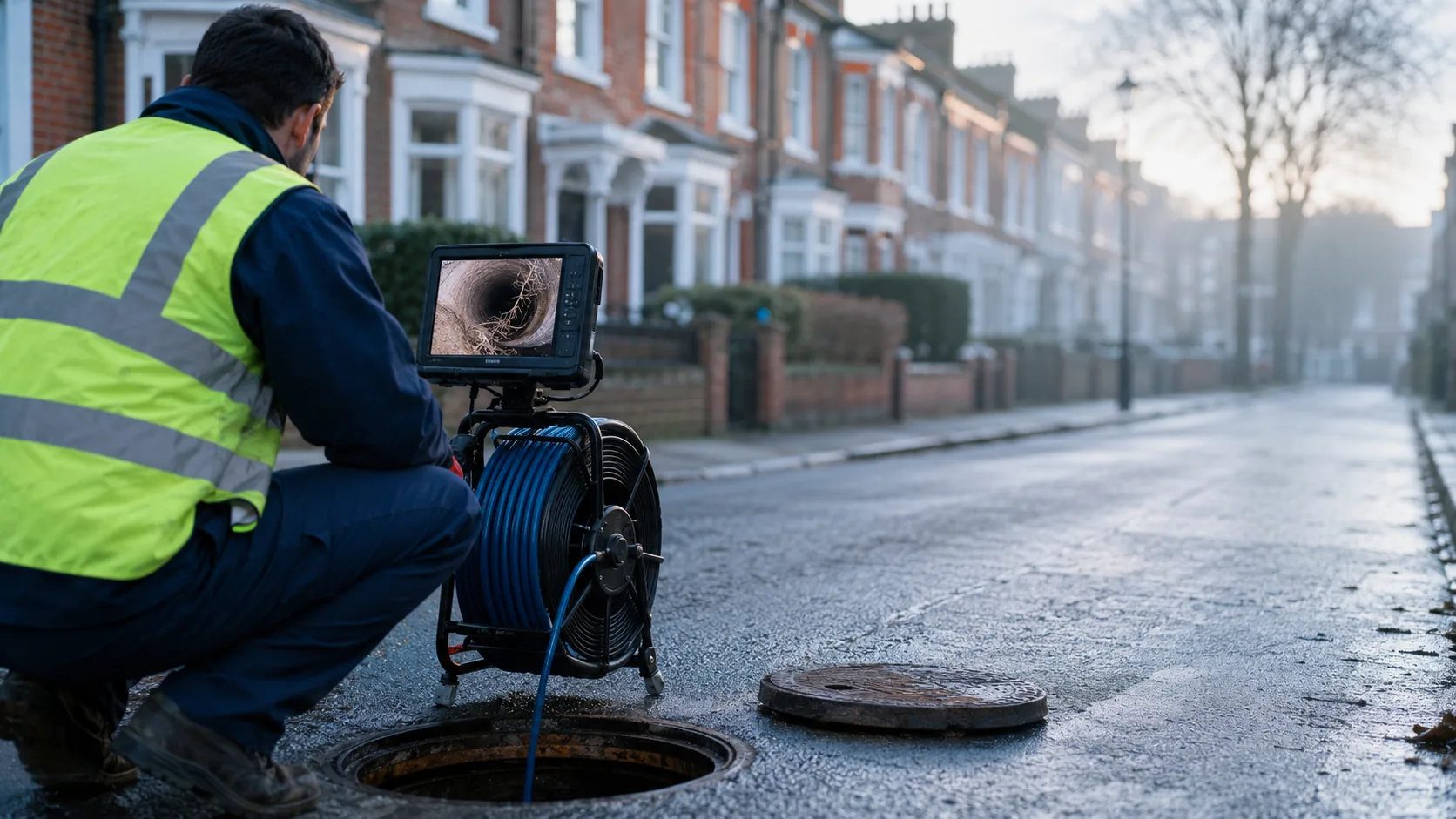 Drainage engineer operating CCTV survey equipment on a London residential street