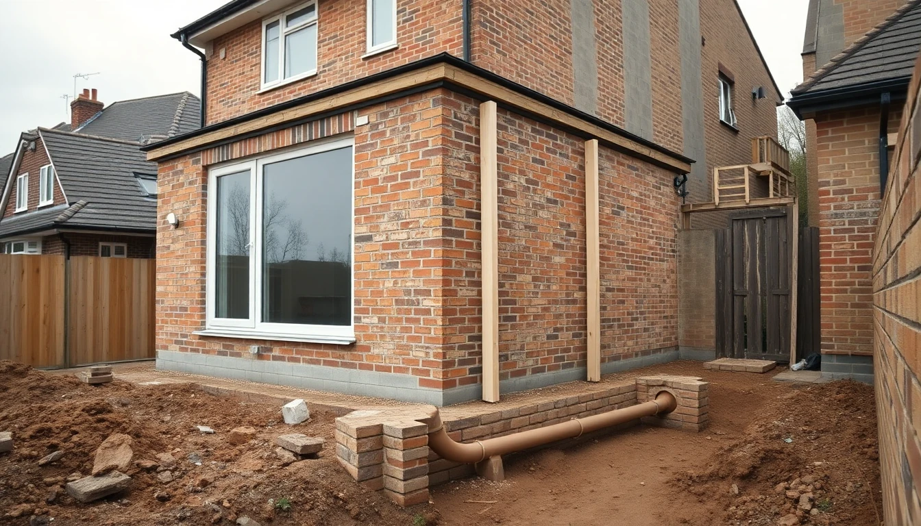 Rear house extension under construction on a Victorian terrace, with a drain pipe exposed close to the new brick foundation