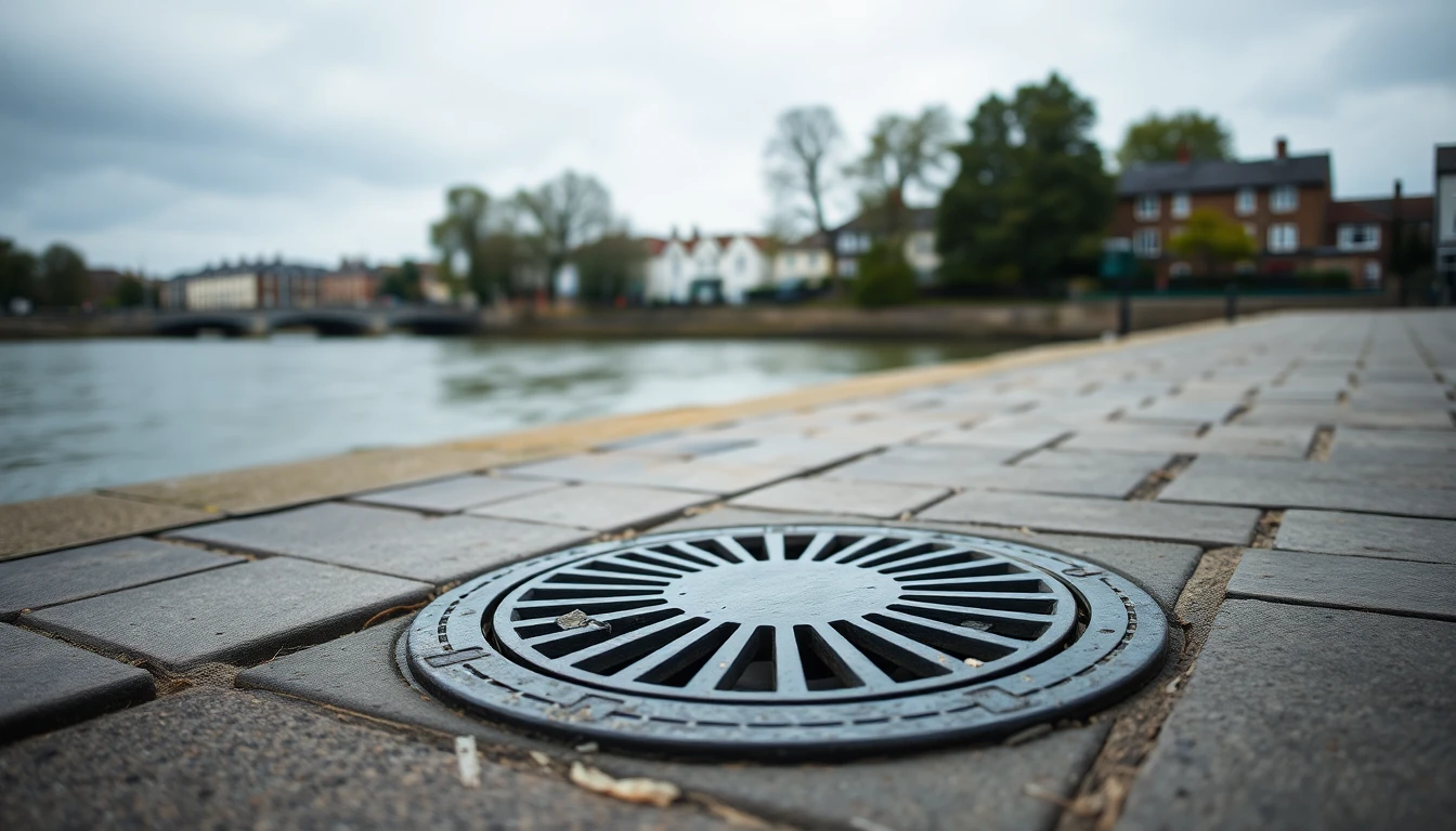 Riverside walkway beside the River Thames in Kingston upon Thames with a drain cover set into the paving near the water's edge