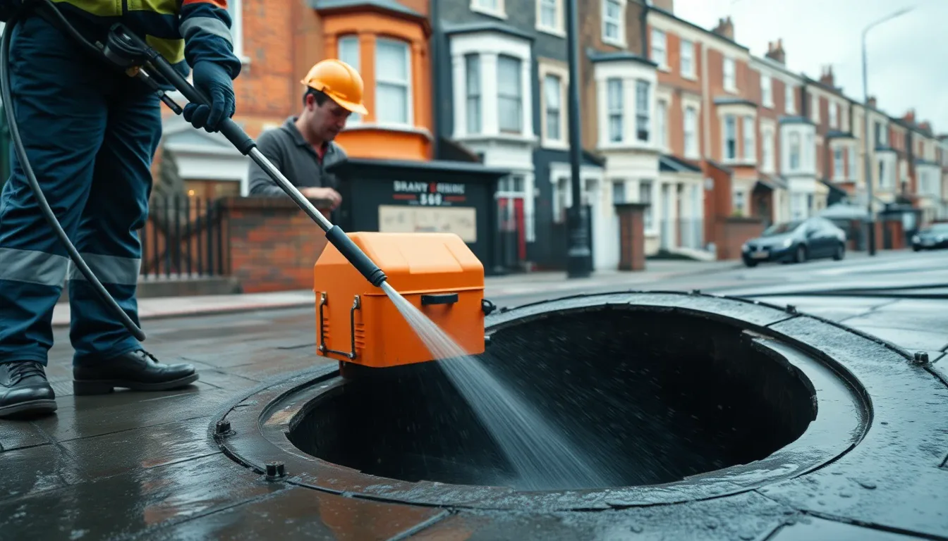 Professional drain cleaning engineer operating a high-pressure jetting unit beside an open manhole on a London street