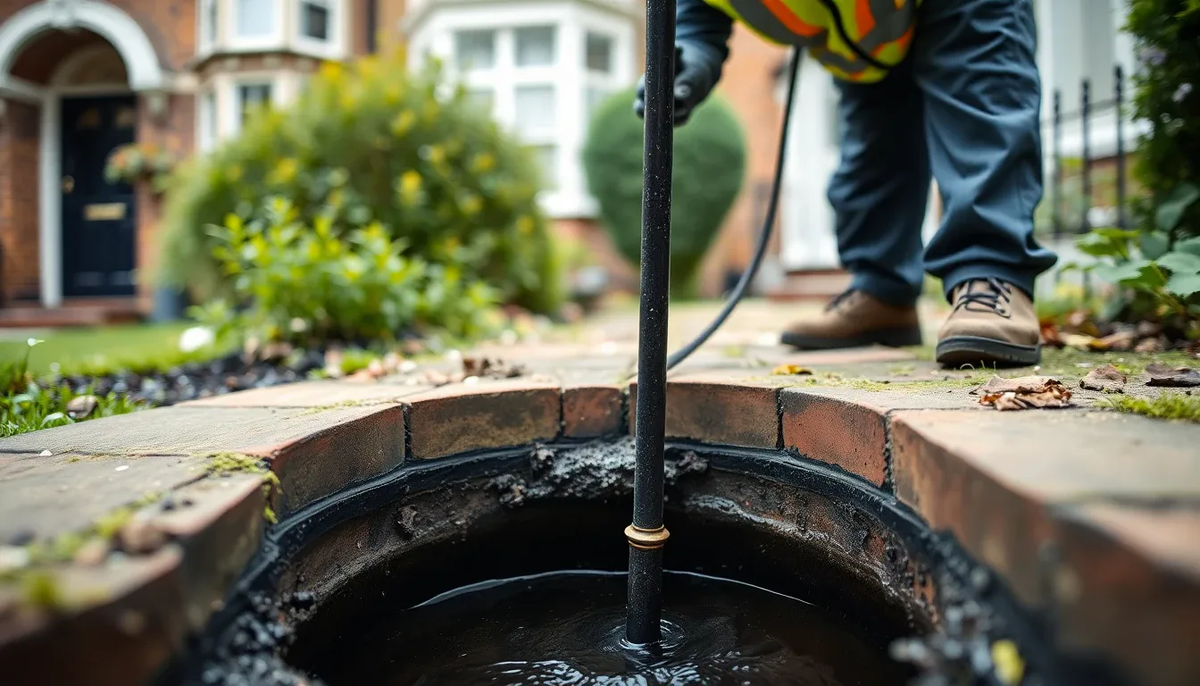 Drainage engineer clearing a blocked drain with rodding equipment outside a London terraced house