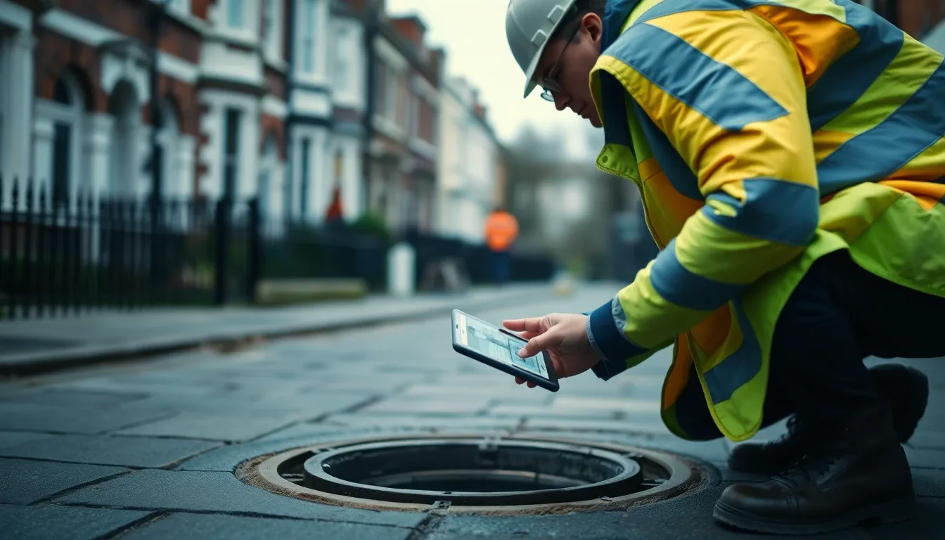 Drainage engineer consulting a drainage schematic on a tablet beside an open inspection chamber in London