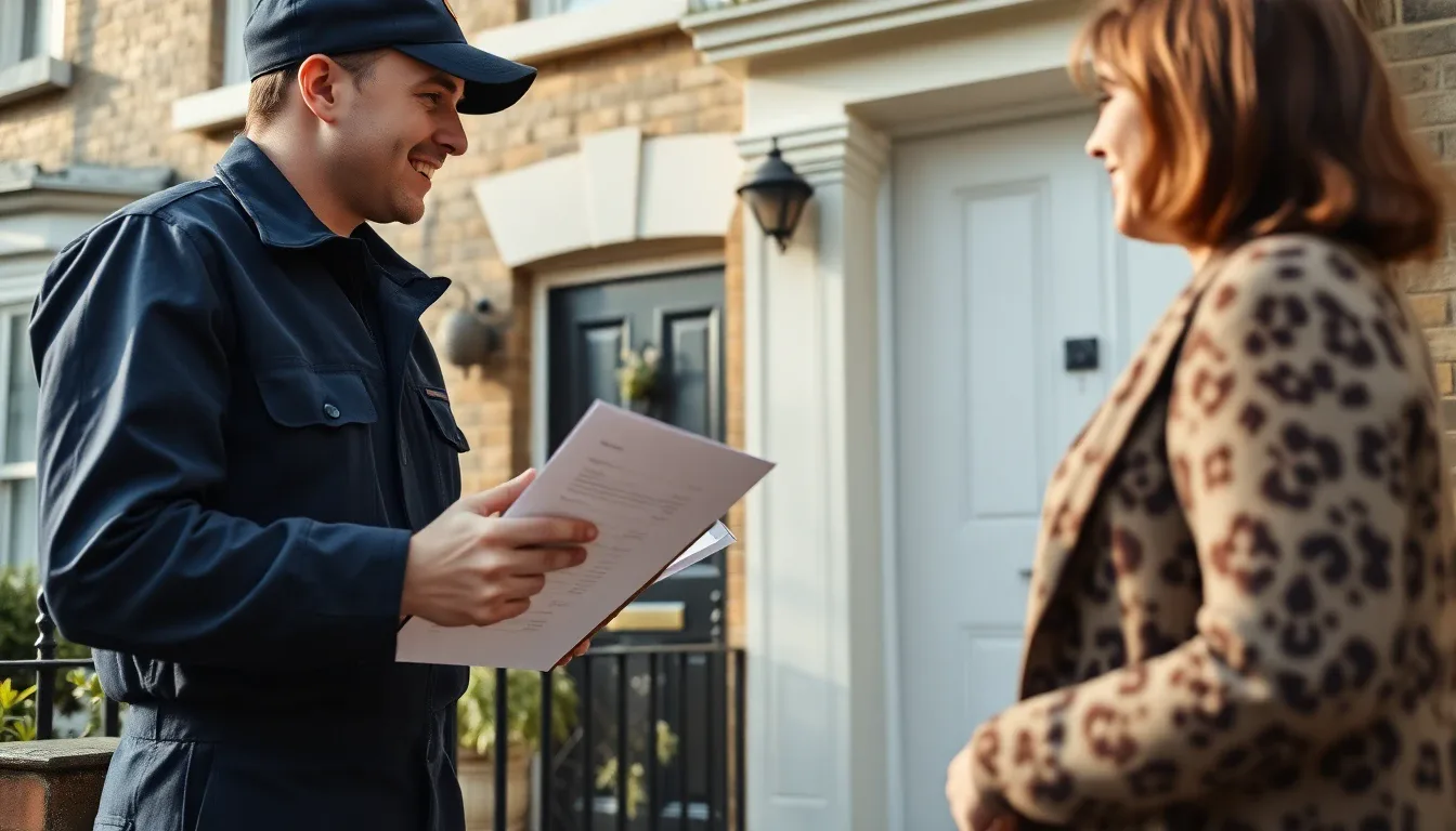 Professional drainage engineer presenting a written estimate to a homeowner at a Victorian terraced house in London
