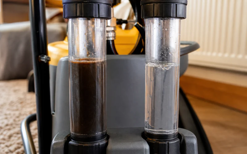 Before and after water quality tubes on a central heating power flush machine