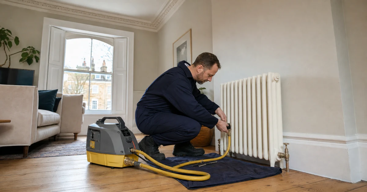 Heating engineer connecting a power flush hose to a radiator in a London period home